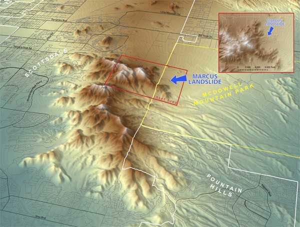 Figure 1. Digital elevation location map (DEM) of McDowell Mountains and geography.